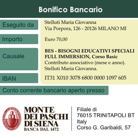 BES, Bisogni Educativi Speciali bonifico bancario